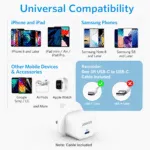 ⁦عرض Anker Power Port Nano-20W + كابل شاحن USB متعدد 15 سم، شحن سريع 3 في 1 (Lightning, Type-C & Micro USB)⁩ - الصورة ⁦10⁩